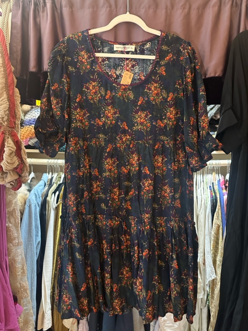 Natural Life Collette Mini Dress Navy Red Floral Feathers Tiered Large L NWT